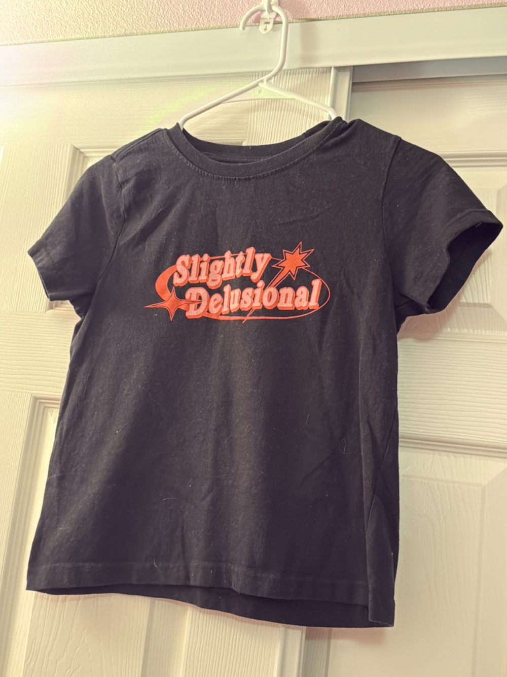 Black Short Sleeve Tee crop top with Red 'Slightly Delusional' Graphic